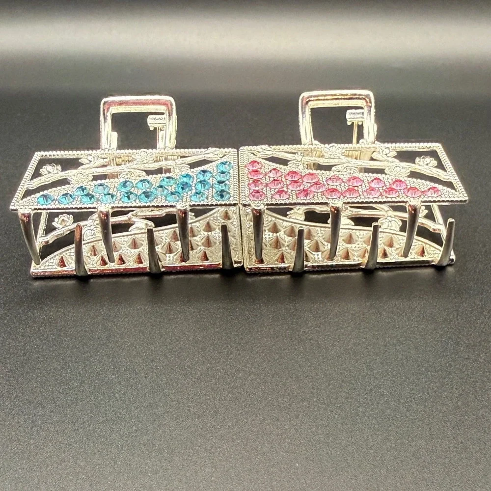 2pc Rhinestone Hair Claw Clips‎ Floral Design Silver Tone Blue Pink